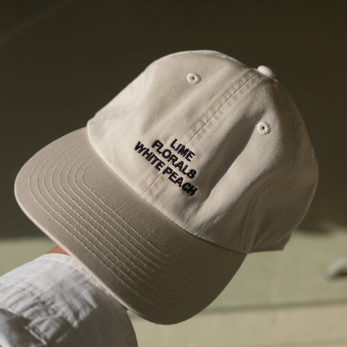 Beige cap with text held by a hand against a blurred background